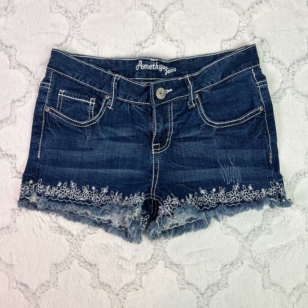 Vintage Y2K Low Rise Dark Wash Embroidered Contrast Stitching Jean Shorts Size 5